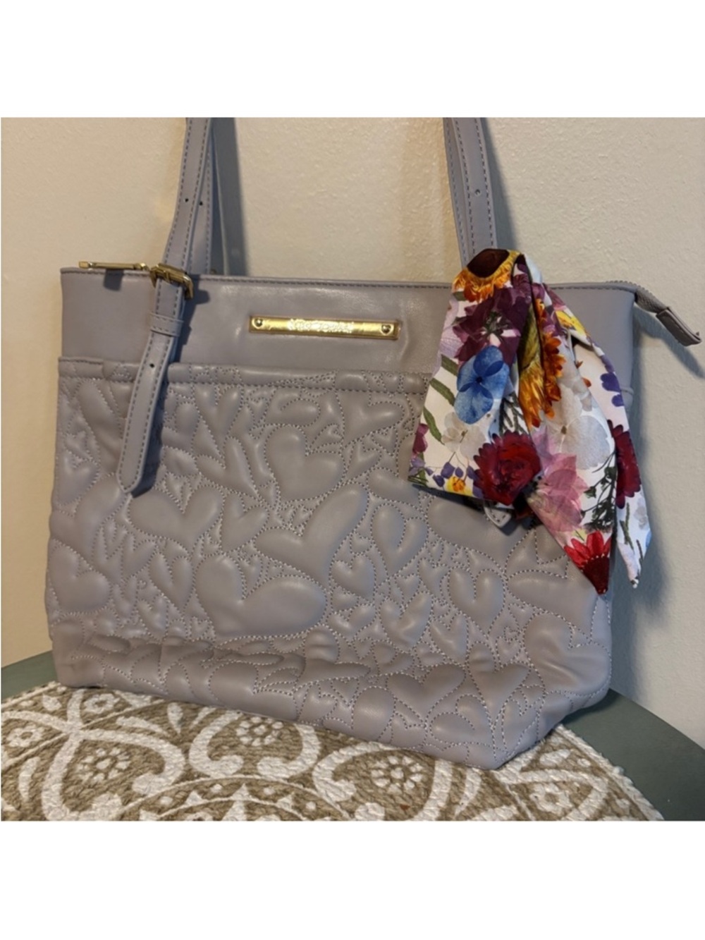 Betsey Johnson Women's Quilted Heart Tote Bag in Purple-Gray with Floral Twilly